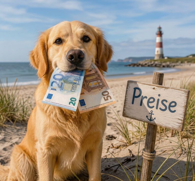 Hund am Strand mit Geldscheinen im Maul und einem Schild daneben mit "Preise"
